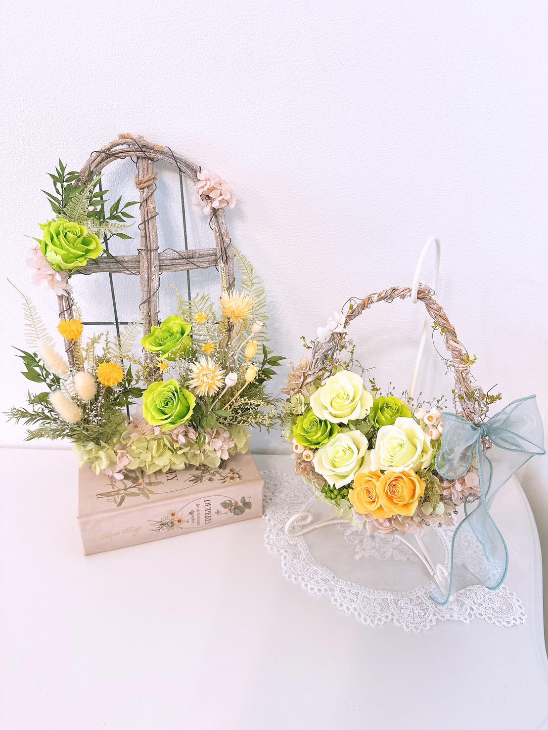 フレッシュグリーンのエッグバスケット リース イエロー 緑 黄色 母の日2026  結婚 記念日 新築 出産 長寿 祝い | 10枚目